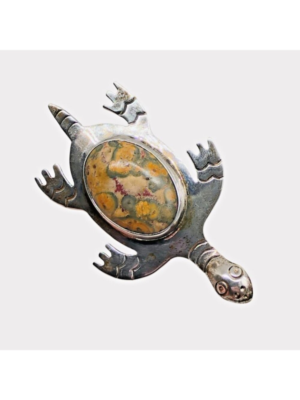Large Vtg Sterling Silver Leopard Jasper Sea Turtle Brooch Pin 14.7g - Picture 2 of 6